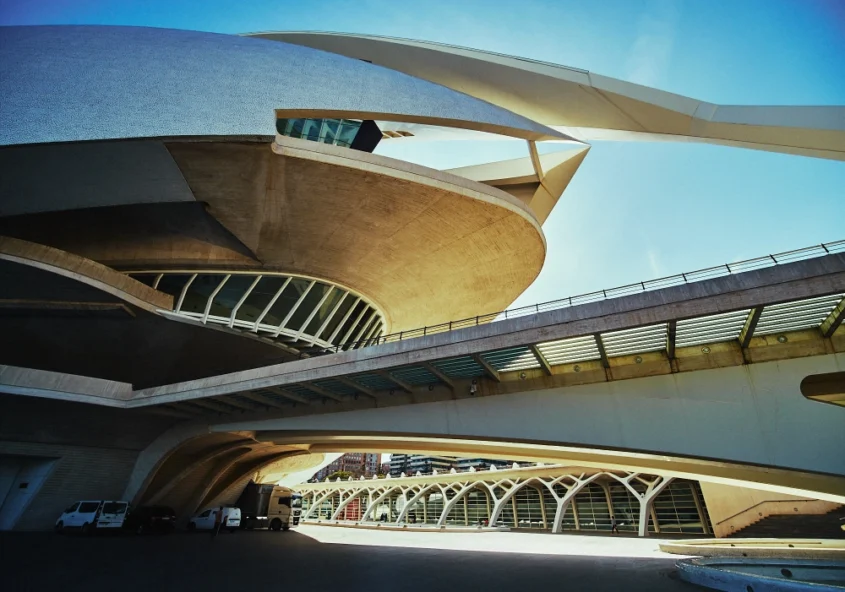Futuristic white building at the City of Arts and Sciences in Valencia photographed with a wide-angle lens.