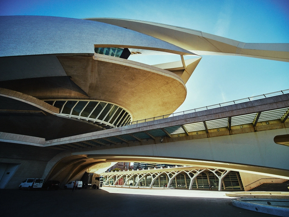 Futuristic white building at the City of Arts and Sciences in Valencia photographed with a wide-angle lens.