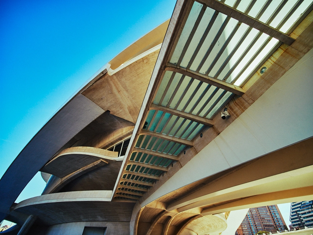 Futuristic white building at the City of Arts and Sciences in Valencia photographed with a wide-angle lens.