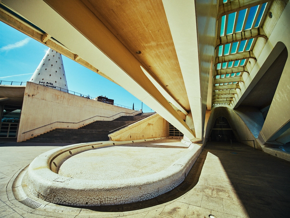 Iconic modern architecture at the City of Arts and Sciences in Valencia Spain under bright blue skies.
