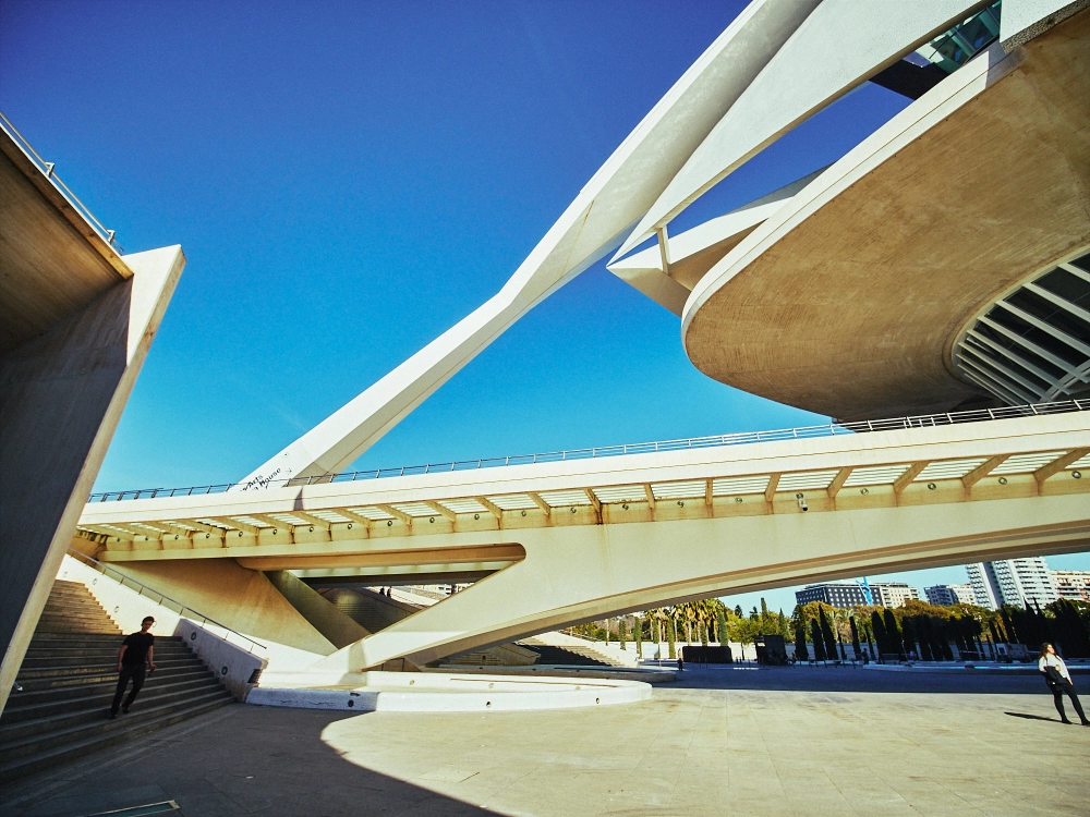 Sleek white modern architecture at the City of Arts and Sciences Valencia with clear sky.
