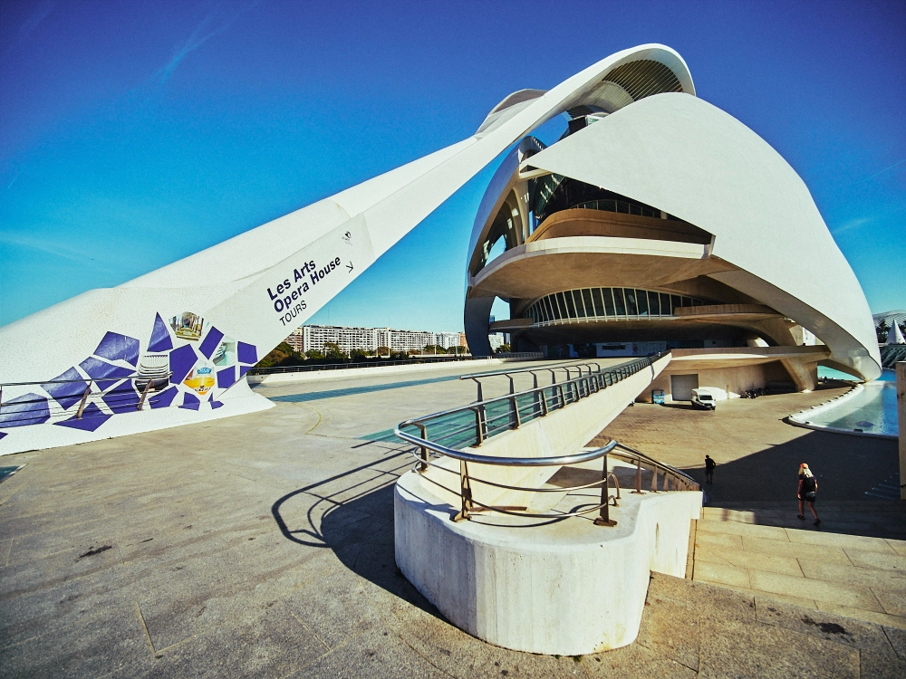 Wide-angle architectural photograph of Valencia’s City of Arts and Sciences with futuristic design.