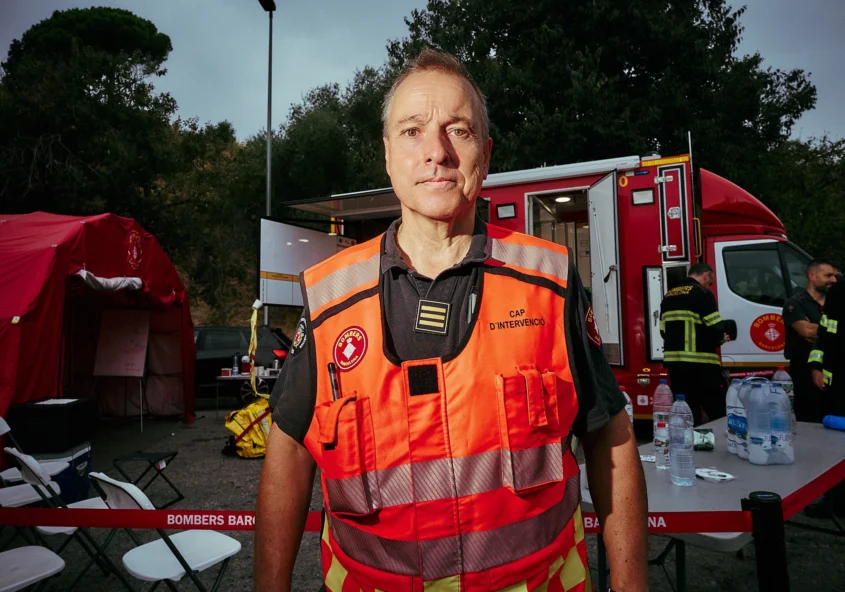 Wildfire response area near Barcelona with emergency personnel