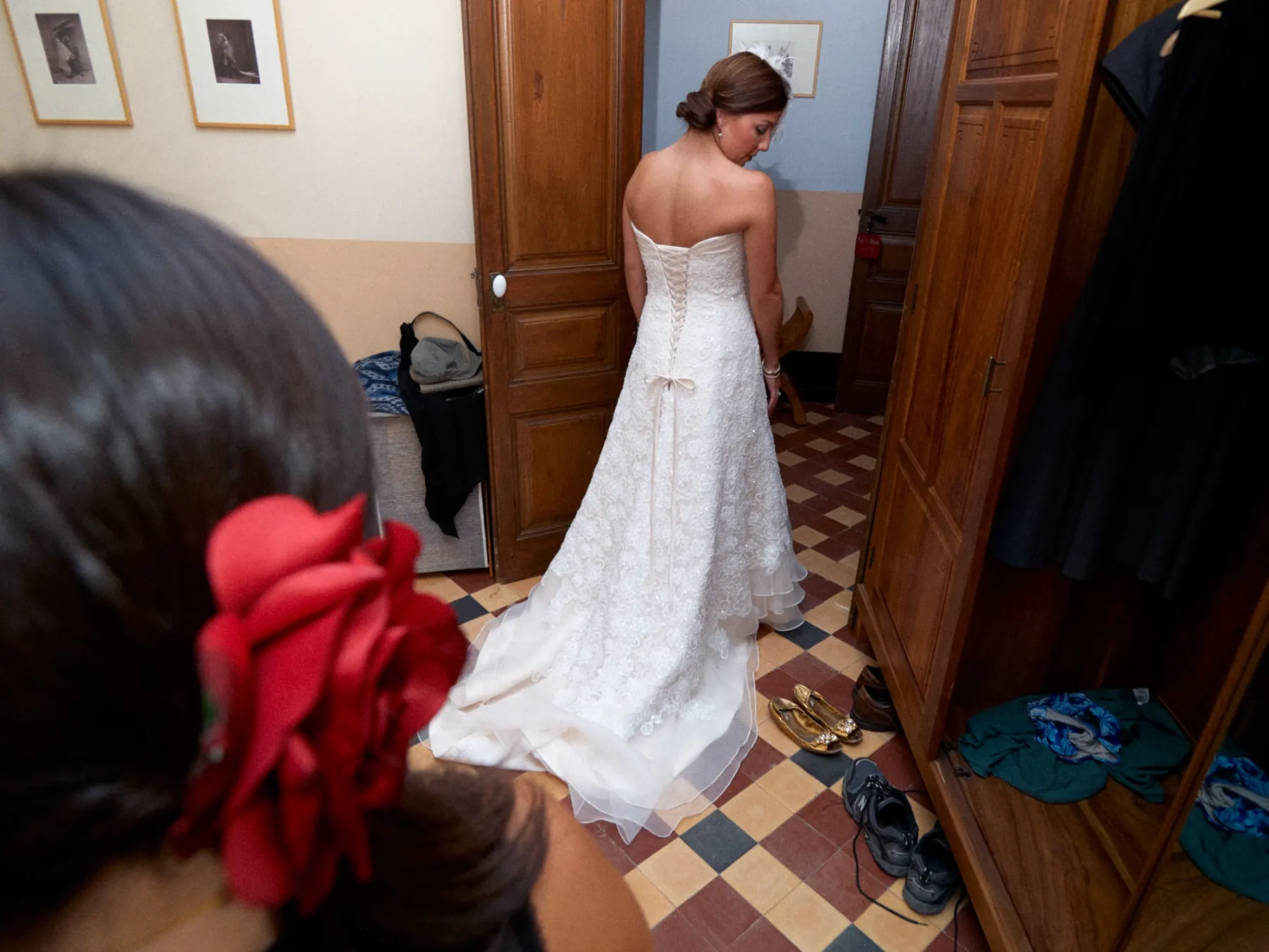 Bride in her wedding dress during preparations at Can Tallada