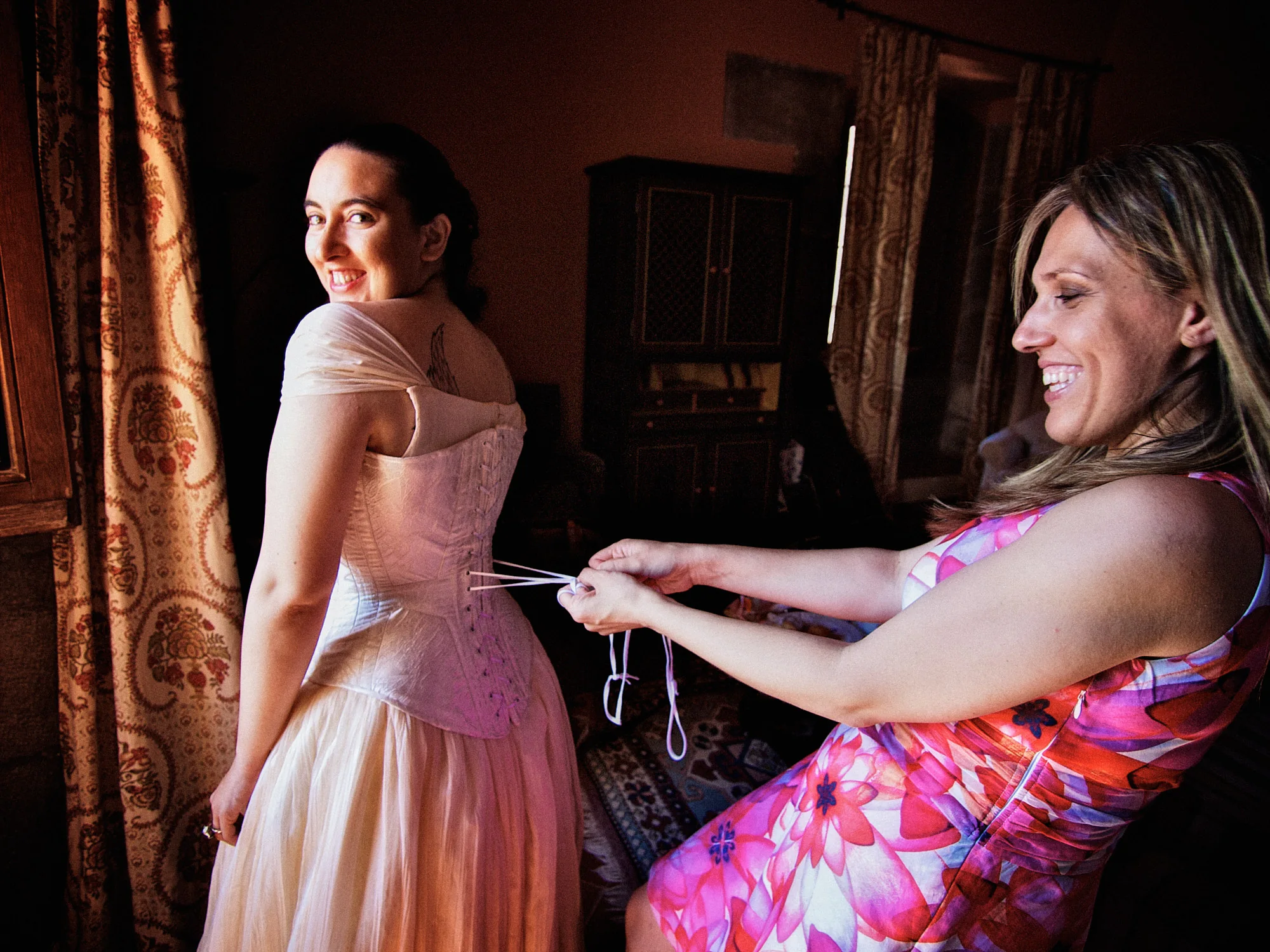 Emily & Regis Cardona Wedding – Castle Dress Preparations Emily getting ready for her wedding at Parador de Cardona