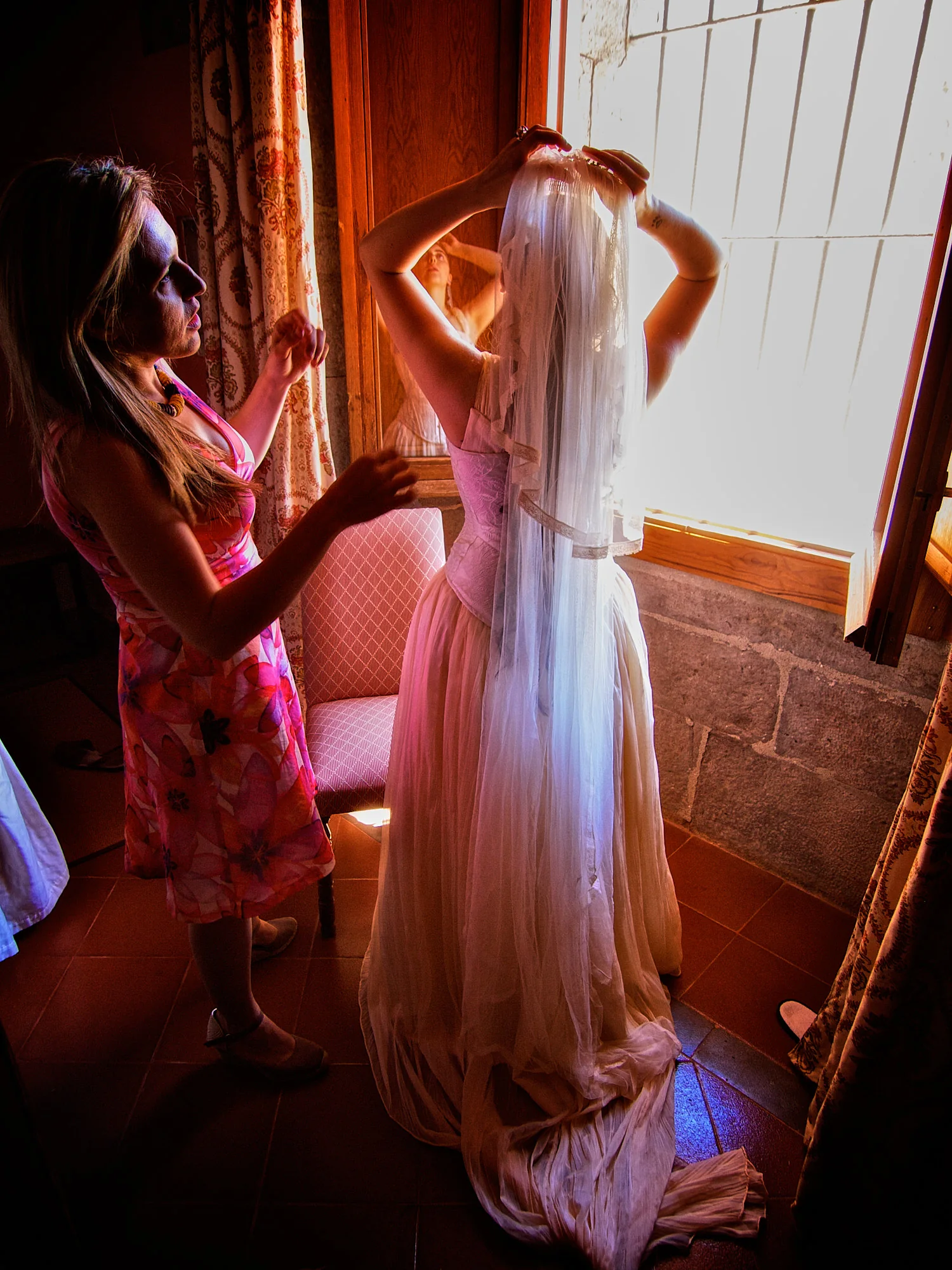 Emily & Regis Cardona Wedding – Castle Bridal Portrait Emily in her neo-Gothic wedding attire during preparations at Parador de Cardona
