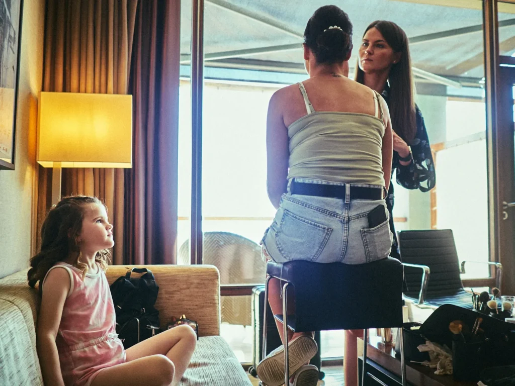 Wedding preparations taking place in the Hotel Miramar room before Jade and Aidhan’s Barcelona wedding