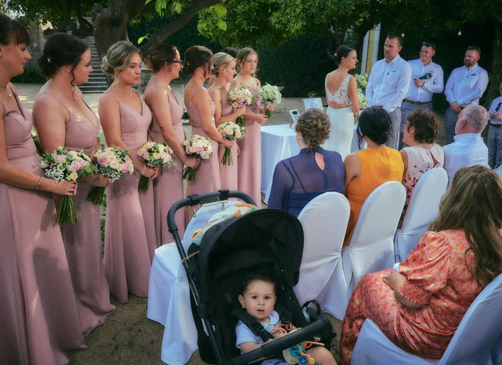 Jade and Aidhan’s wedding party gathered during the Hotel Miramar ceremony on Montjuïc