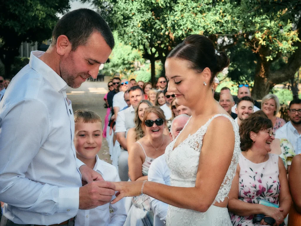 Jade and Aidhan surrounded by friends and family during their Hotel Miramar wedding