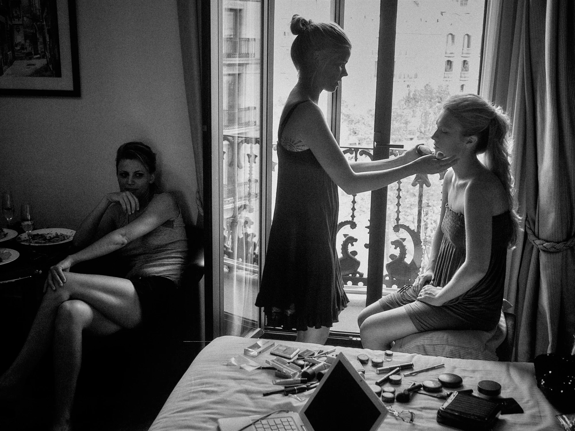 Jose and Kristy’s Barcelona Wedding – Getting Ready Bride getting ready with a friend before her Barcelona wedding