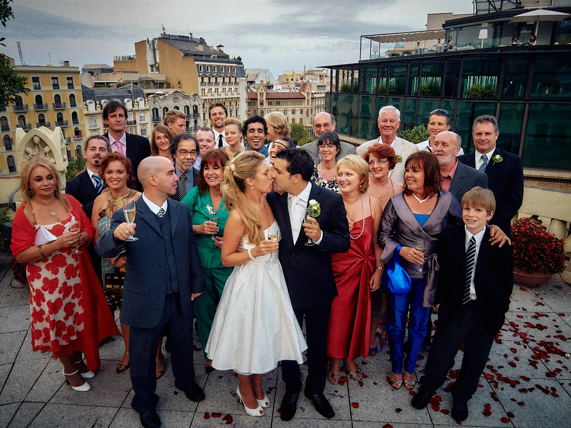 Jose and Kristy with family and friends at their Barcelona wedding